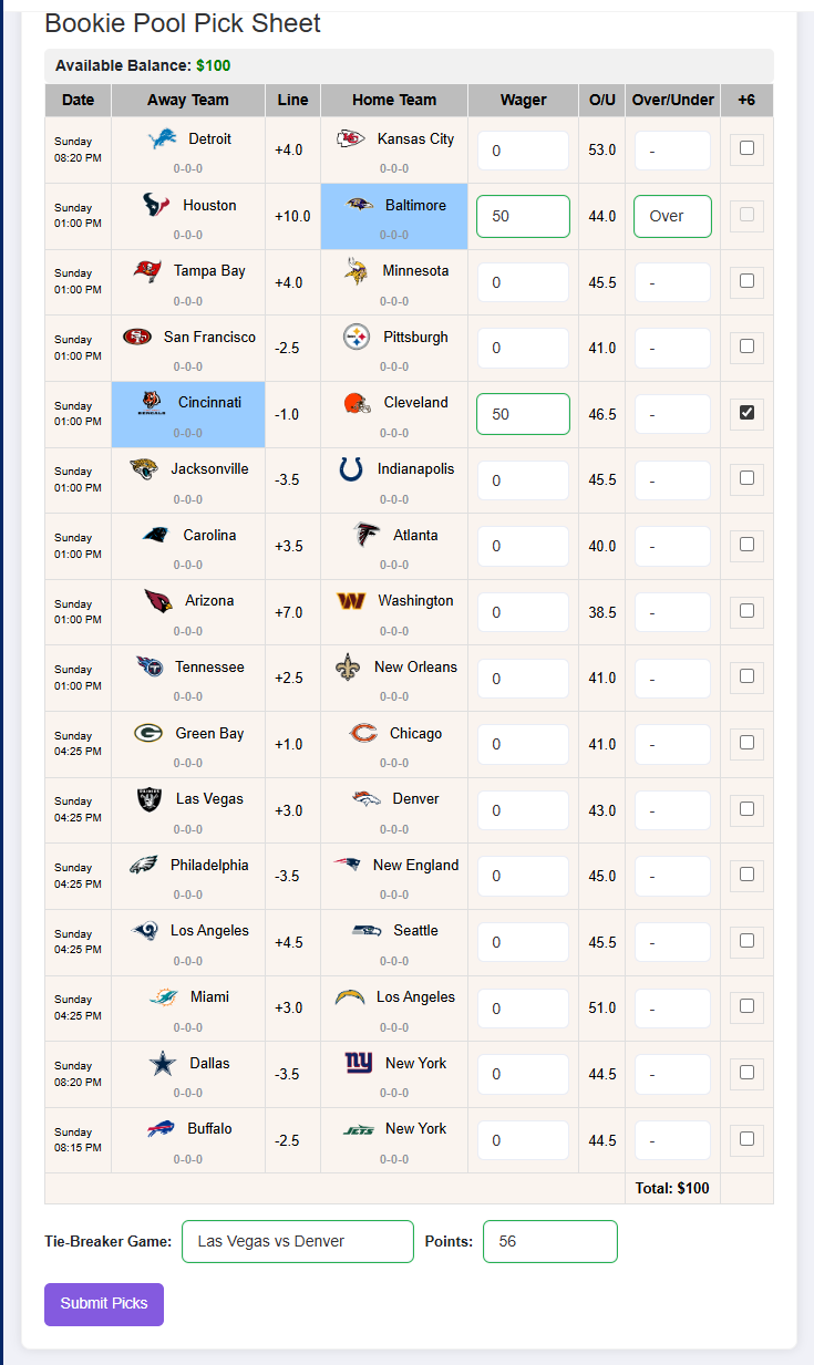 Bookie Pool Pick Sheet - OfficePoolStop Feature