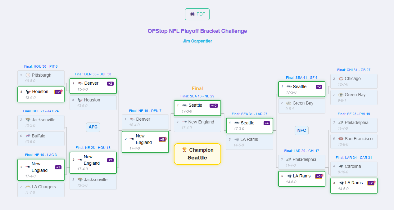 Example NFL Playoff Bracket Challenge picks view showing Wild Card through Super Bowl with automatic advancement and scoring.