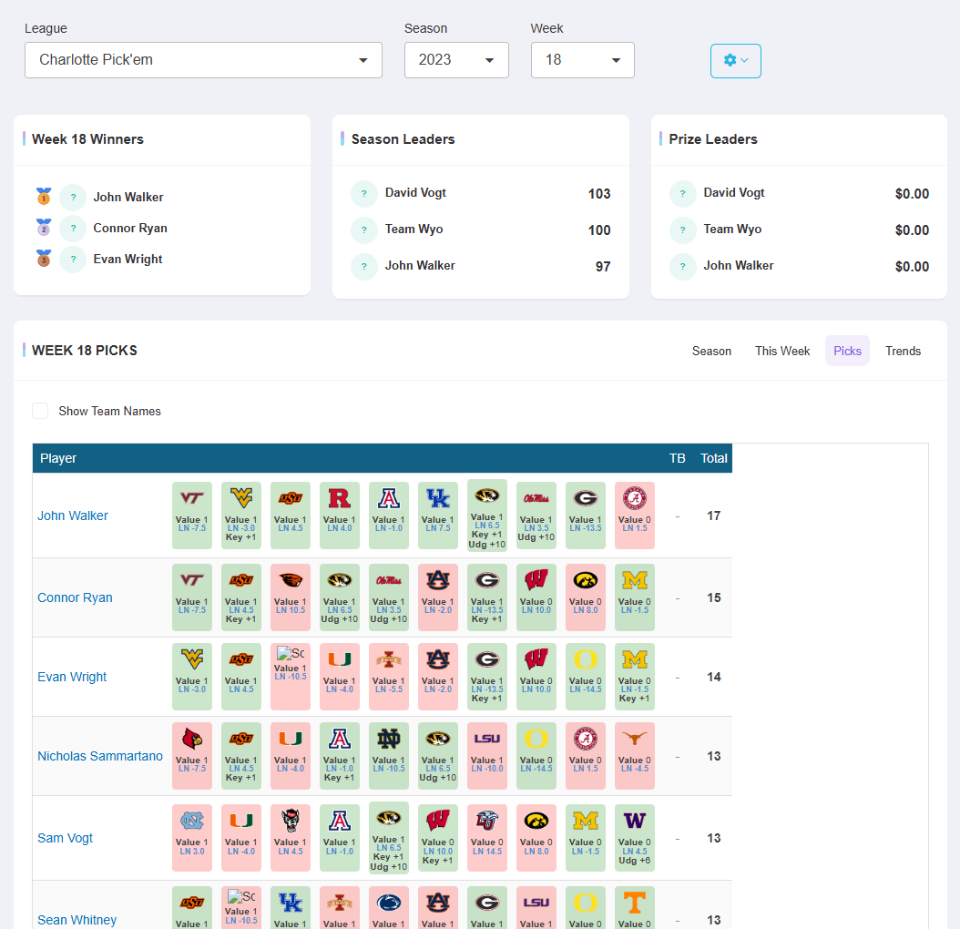 NCAA Pickem Picks Tab - OfficePoolStop Feature