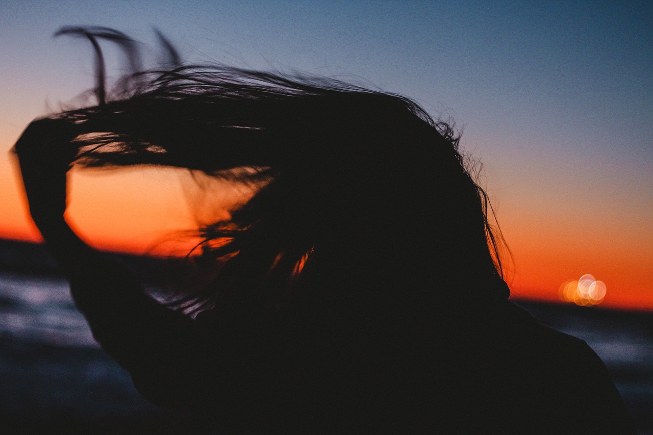 silhouette-of-hair-blowing-in-wind-with-sunset