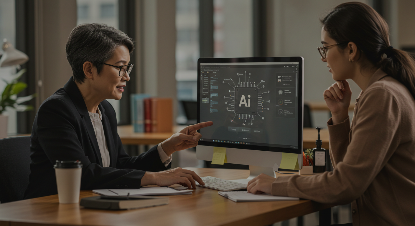 girl-at-computer-showing-AI-node-diagram